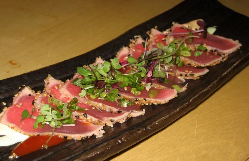 Sesame Seared Tuna over Mild Chili Aioli And Wasabi Cream