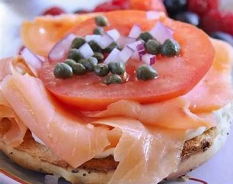 LOX (Salmon Fish) with Cream Cheese, Cappers, Onion & Tomato