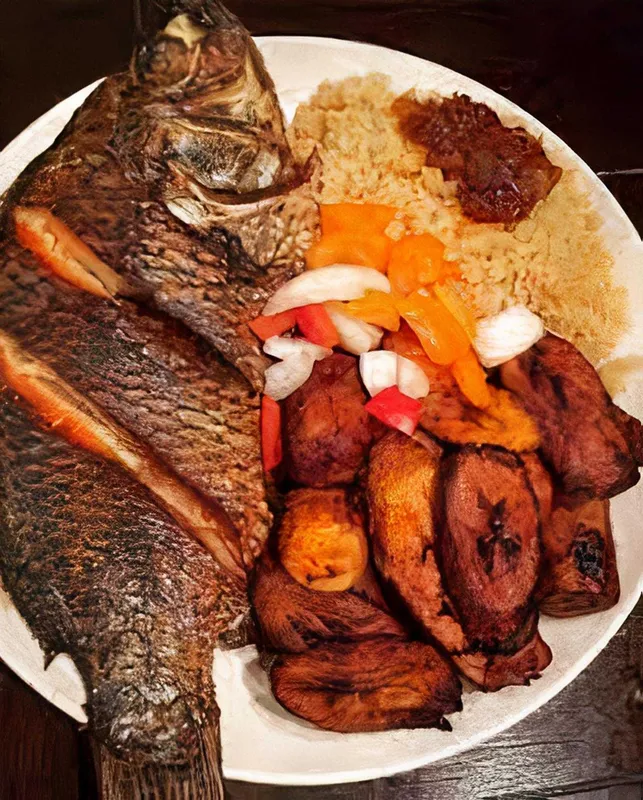 Attieke, Stew, Tilapia & Plantain