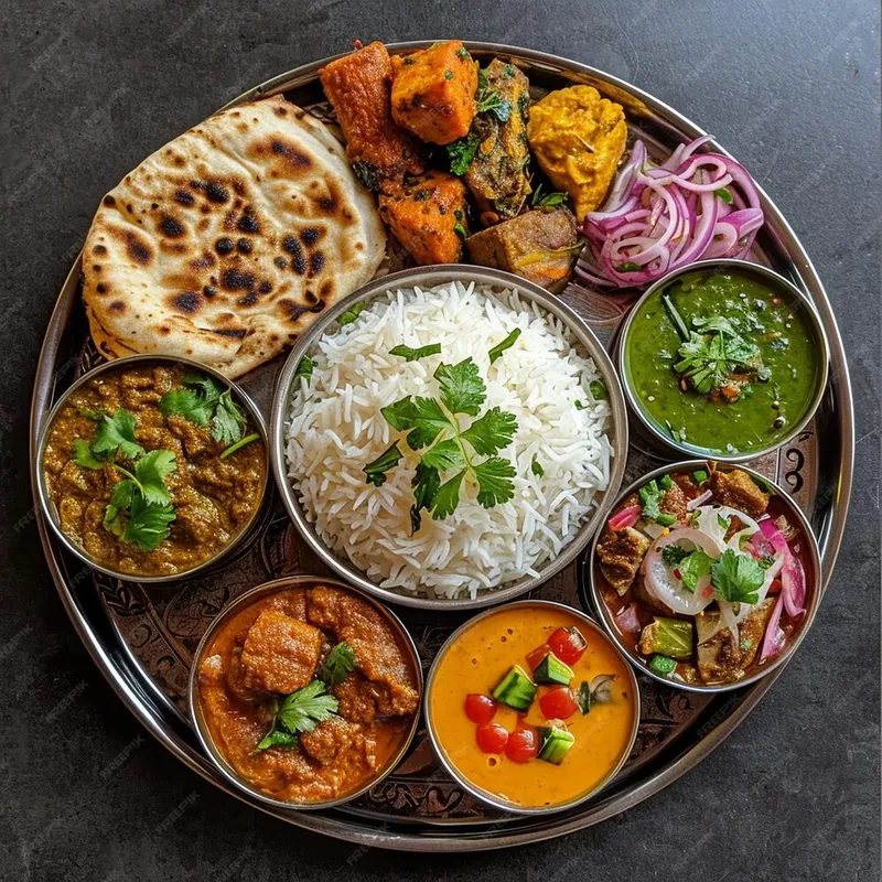 Non-veg thali is a wholesome and flavorful meal served with a variety of meat dishes along with rice roti dal and side curries It offers a delicious combination of flavors with chicken mutton seafood and aromatic spices