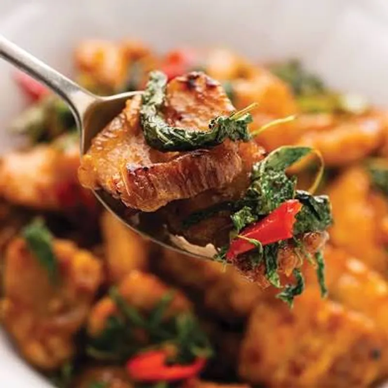 102. Spicy Basil Leaves with Crispy Pork Belly