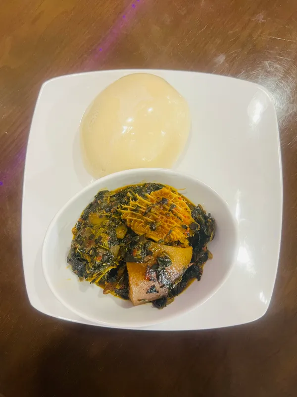 Eforiro (vegetable) with pounded yam or fufu