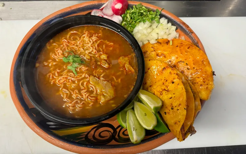 Birria Ramen With Two Birria tacos