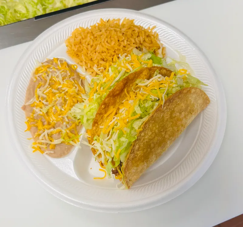 Plate 2 2 Shredded Beef Tacos Rice & Beans