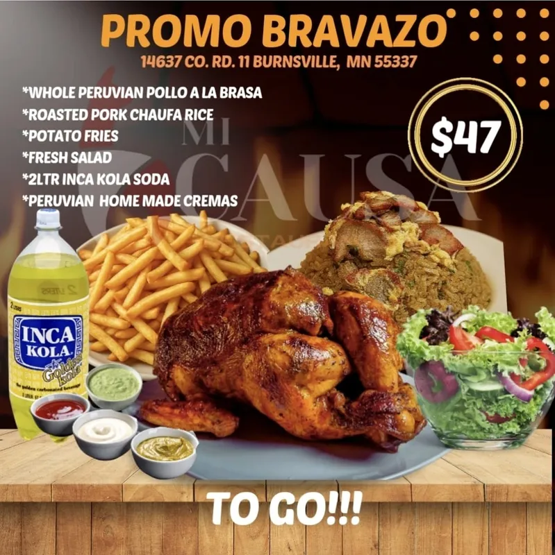 Whole chicken, French fries, salad, Roasted pork chaufa, Spicy sauces and 2 Liters incakola