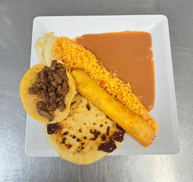 5. 1 Pupusa, 1 Flauta and 1 Street Taco Plate