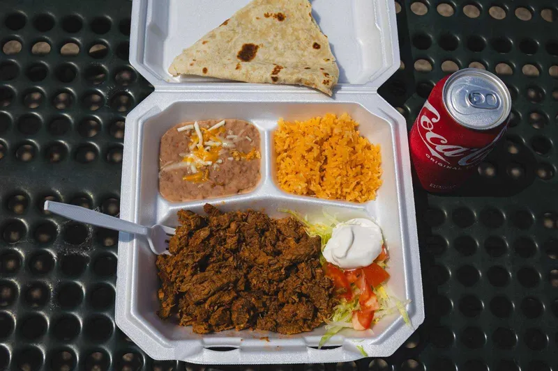 Carne Guisada, Rice, Beans, Salad