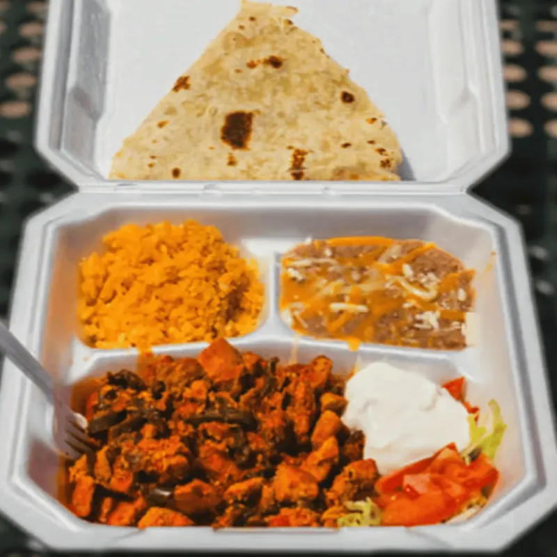 Carne De Puerco Nopales Rojo, Rice, Beans, Salad