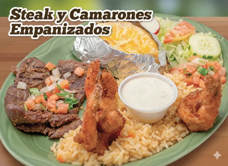 Steak Y Camarones Empanizados Con Papa