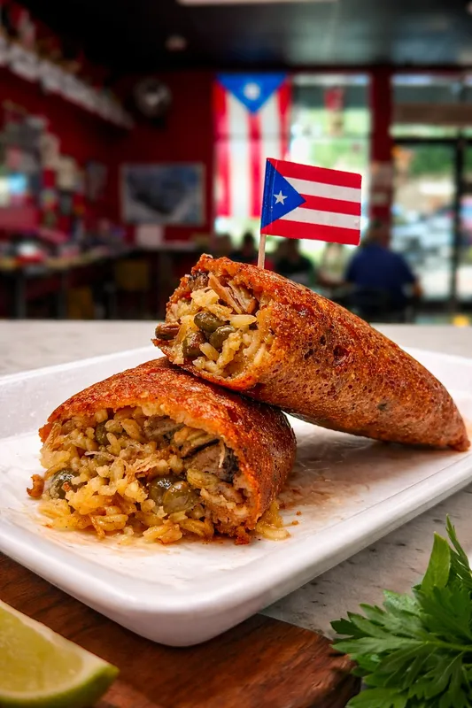 Alcapurria rellena de arroz con gandules y pernil