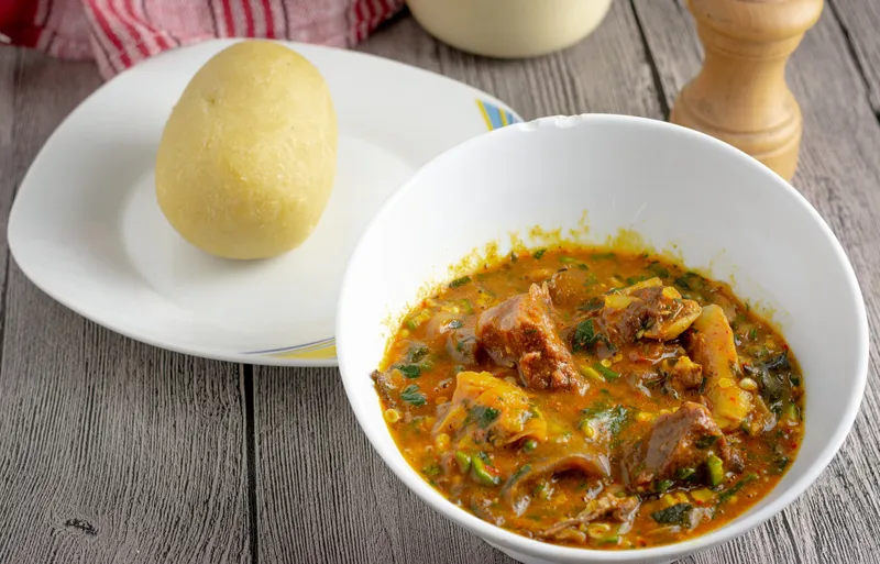 Eba (Gari Fufu) / Palava Sauce (Agushi)