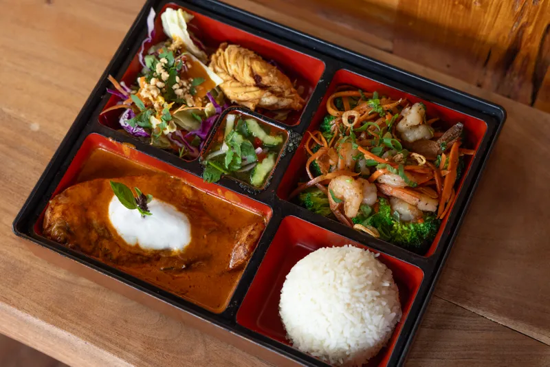 Bento Box - Salmon Panang Curry & Garlic Shrimps