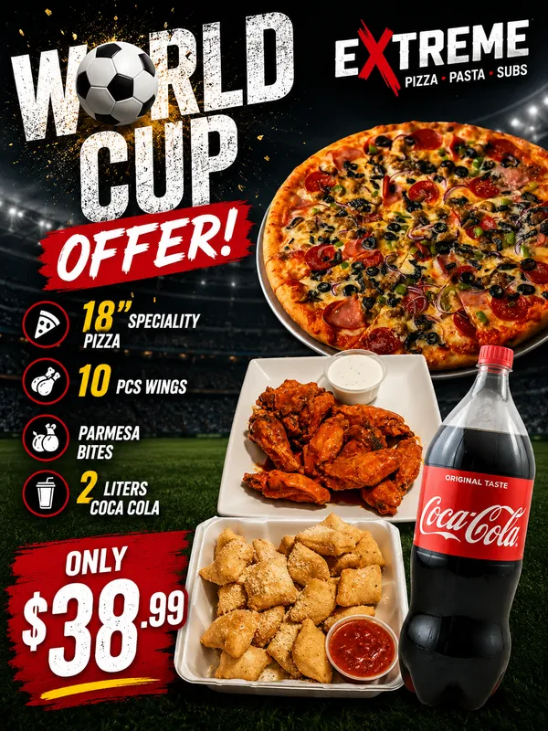 18'' Specialty Pizza + 10 wings+ parmesan bites+ 2L Coca-cola