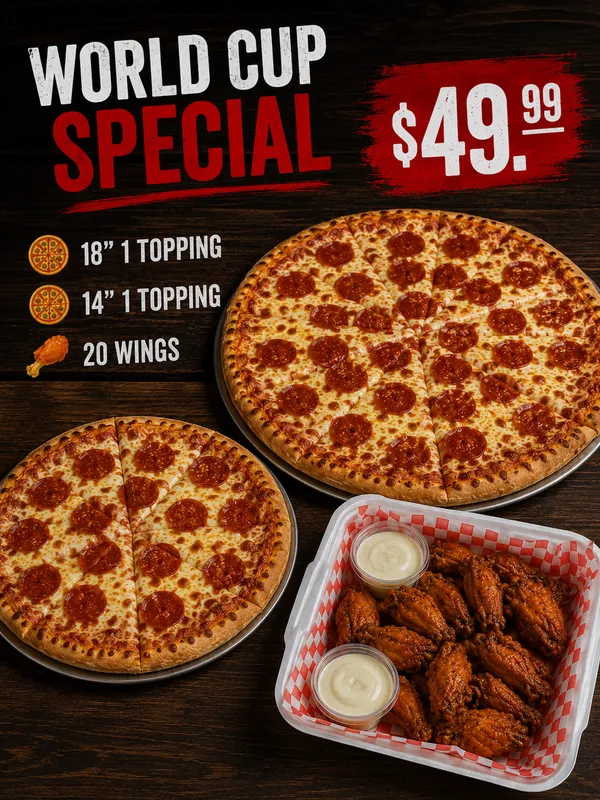 18'' one topping Pizza + 14'' one topping Pizza + 20 WIngs