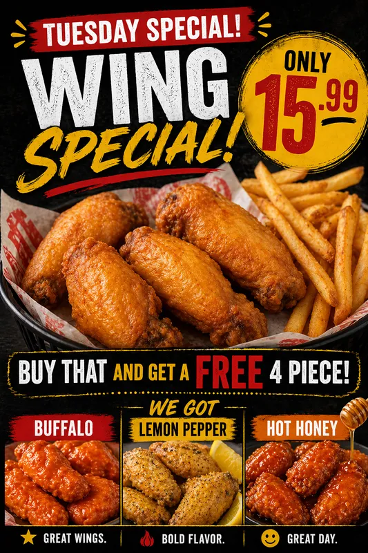 Tuesday Wing Special- buy 6 wing get 4 free