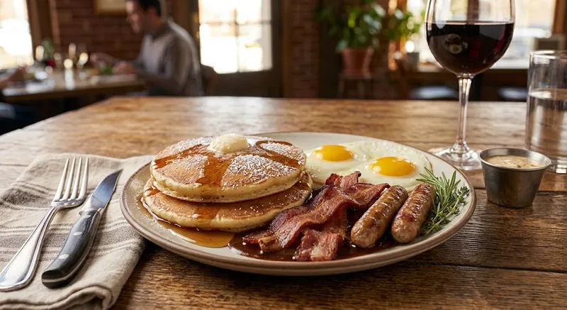 Two Hot Cakes & Two Eggs With Bacon & Sausage
