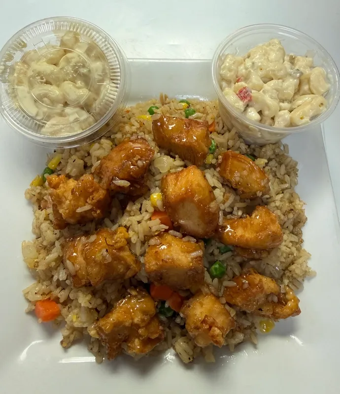 Large Chicken fried Rice with 2 cups of macaroni salad (4oz)