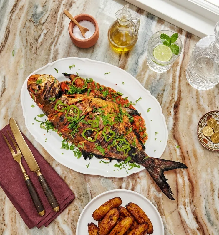 Baked Pompano Fish With Fried Plantains