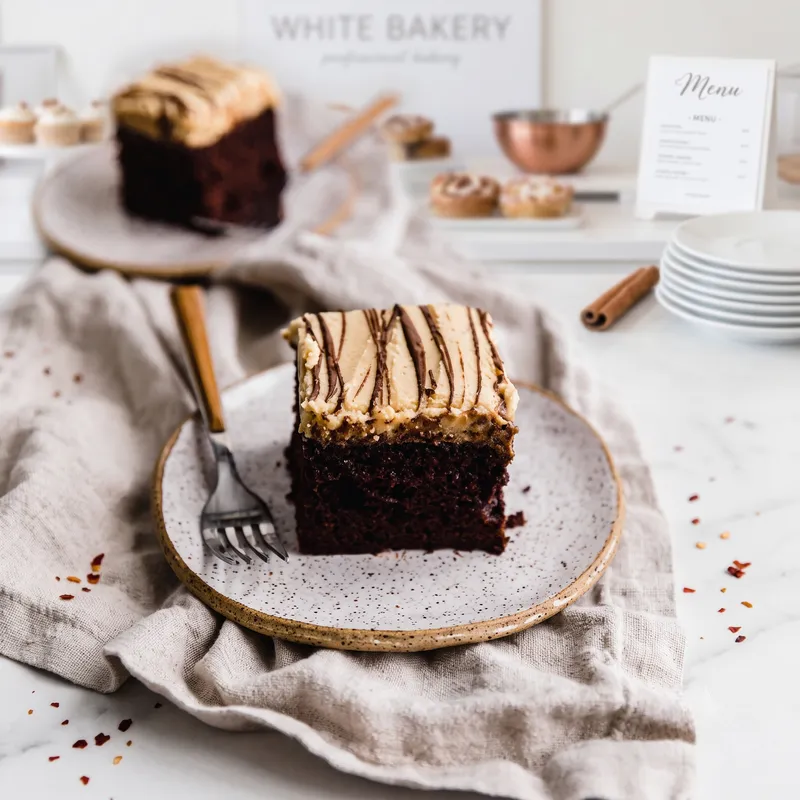 Chocolate Cake Peanut Butter Icing Slice