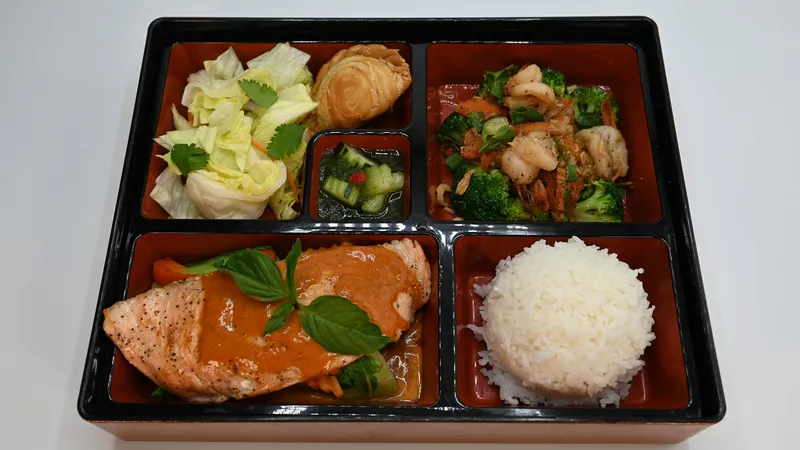 Bento Box Salmon Panang Curry And Garlic Shrimps