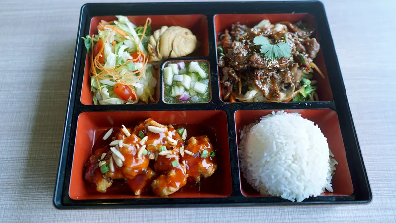 Bento Box Mongolian Beef And Almond Sriracha