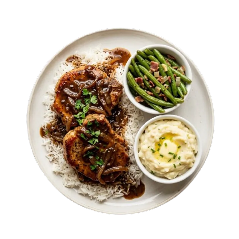 Smothered Pork Chops With Brown Gravy And Rice With 2 Sides