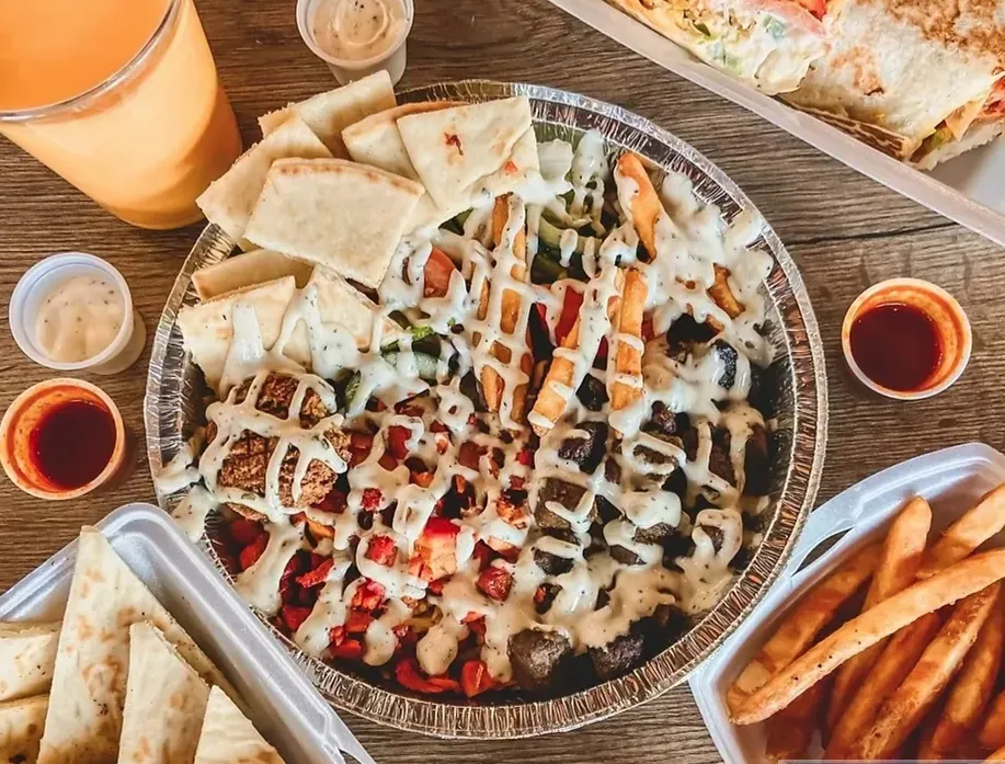 Burgers,Mediterranean favorites prepared for easy online ordering and pickup.