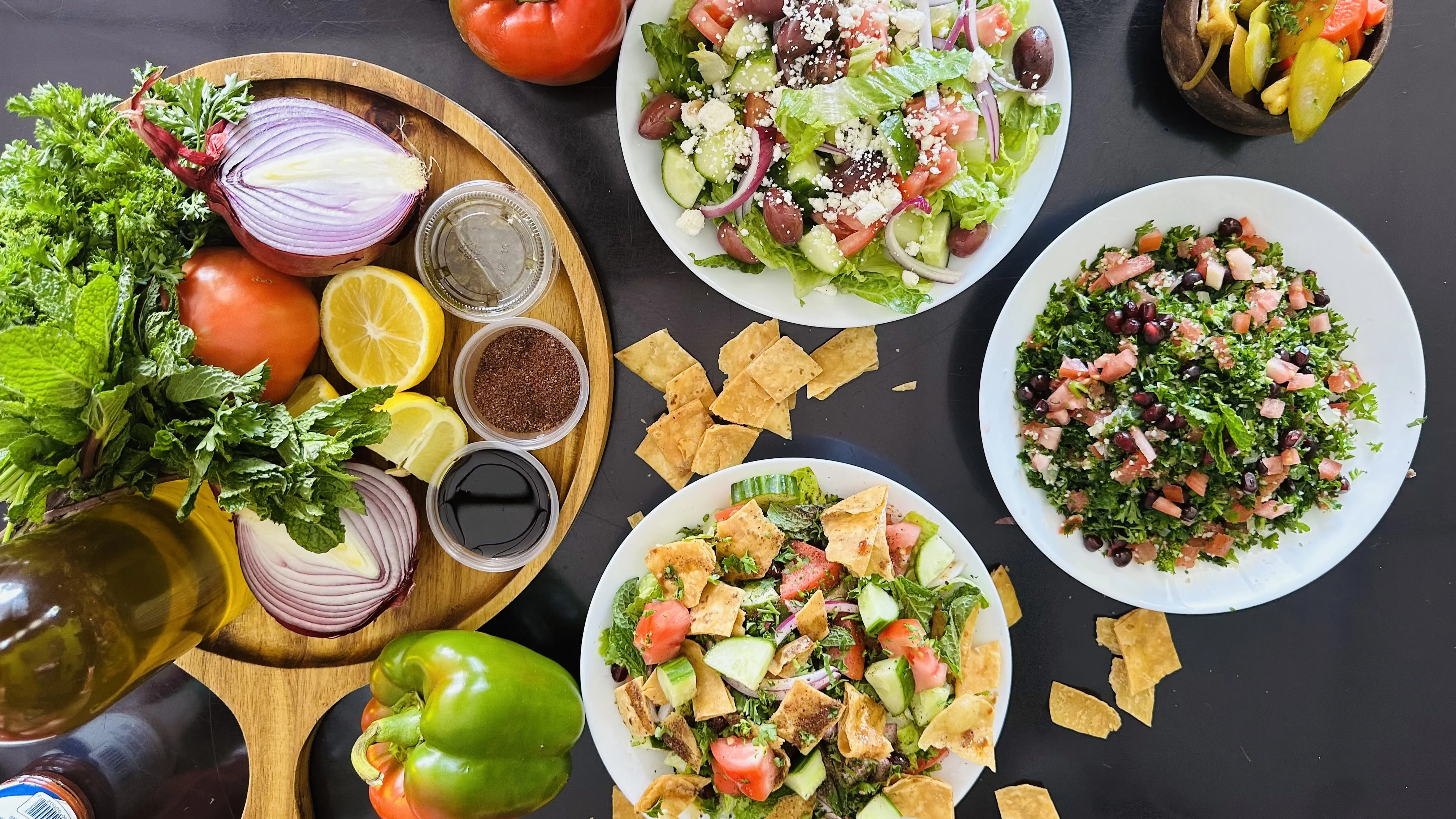 Mediterranean family feast - Fresh Mediterranean available through Hannah’s kitchen online ordering.