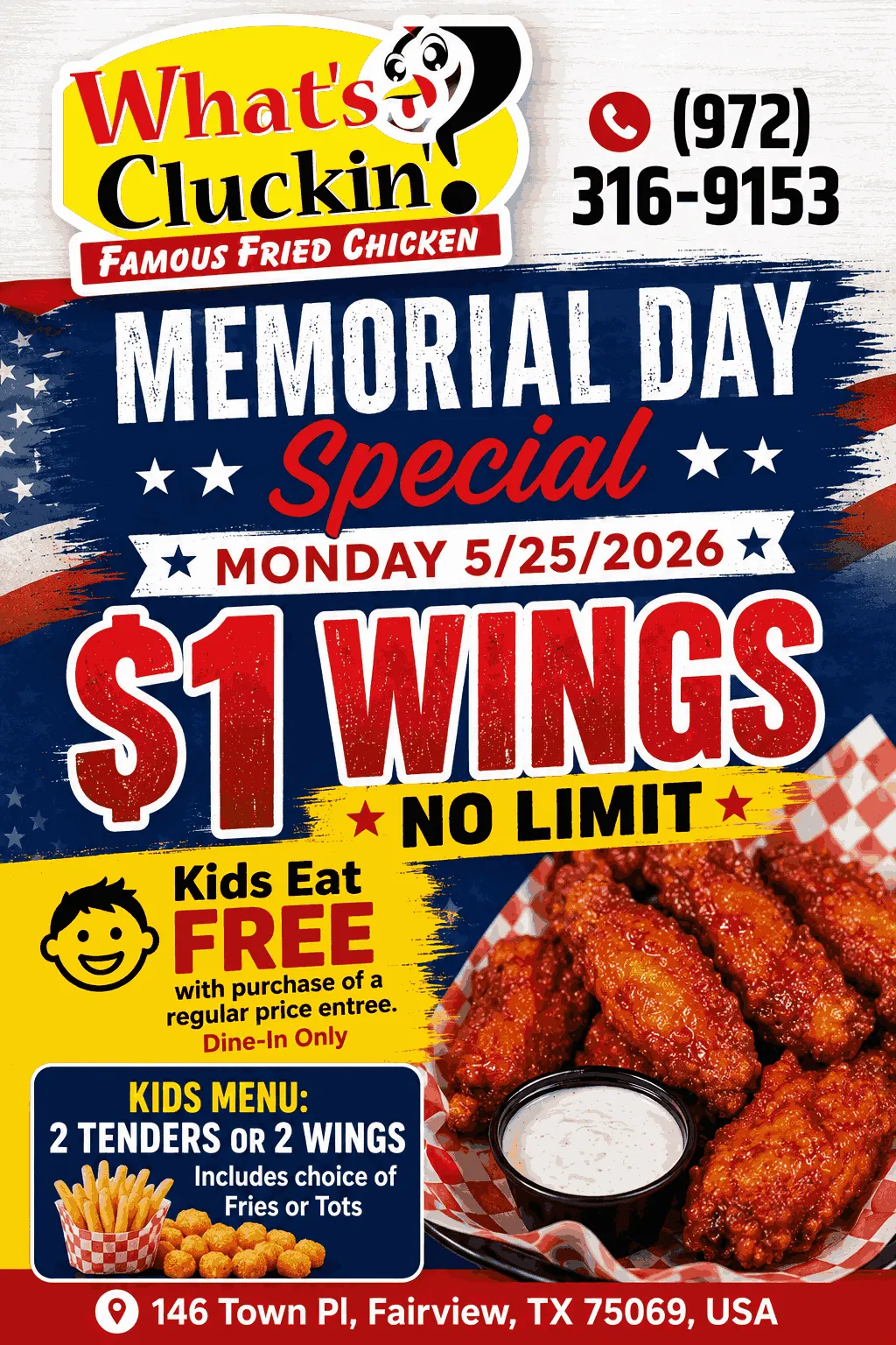 Special promotion for authentic American from What's Cluckin.