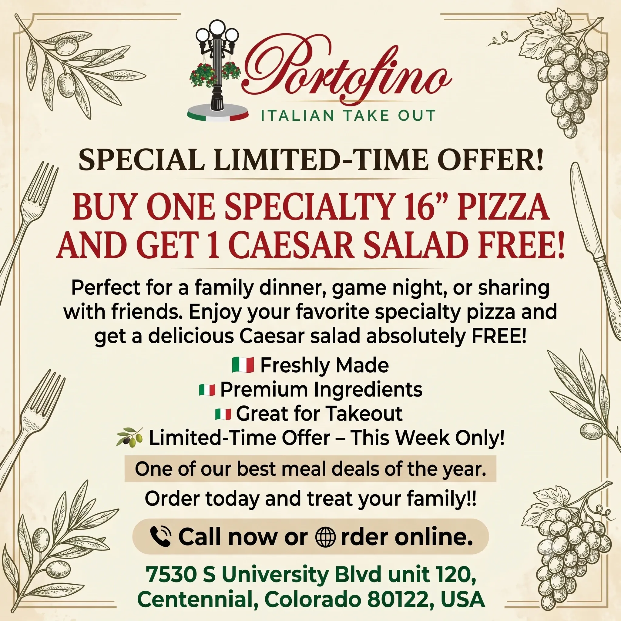 Special promotion for authentic Italian from Portofino Pizza and Pasta - Parker.