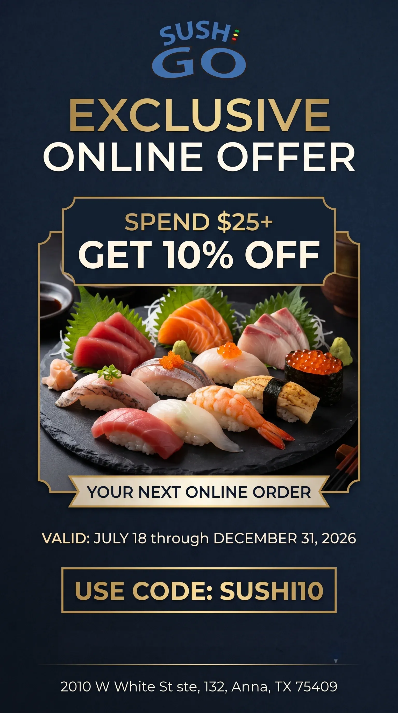 Special promotion for authentic Japanese,Sushi from Sushi Go Anna.