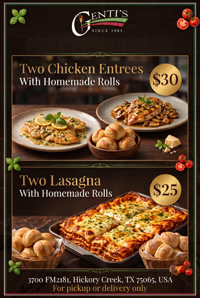 Special promotion for authentic Italian,Pizza from Genti's Ristorante Italiano.