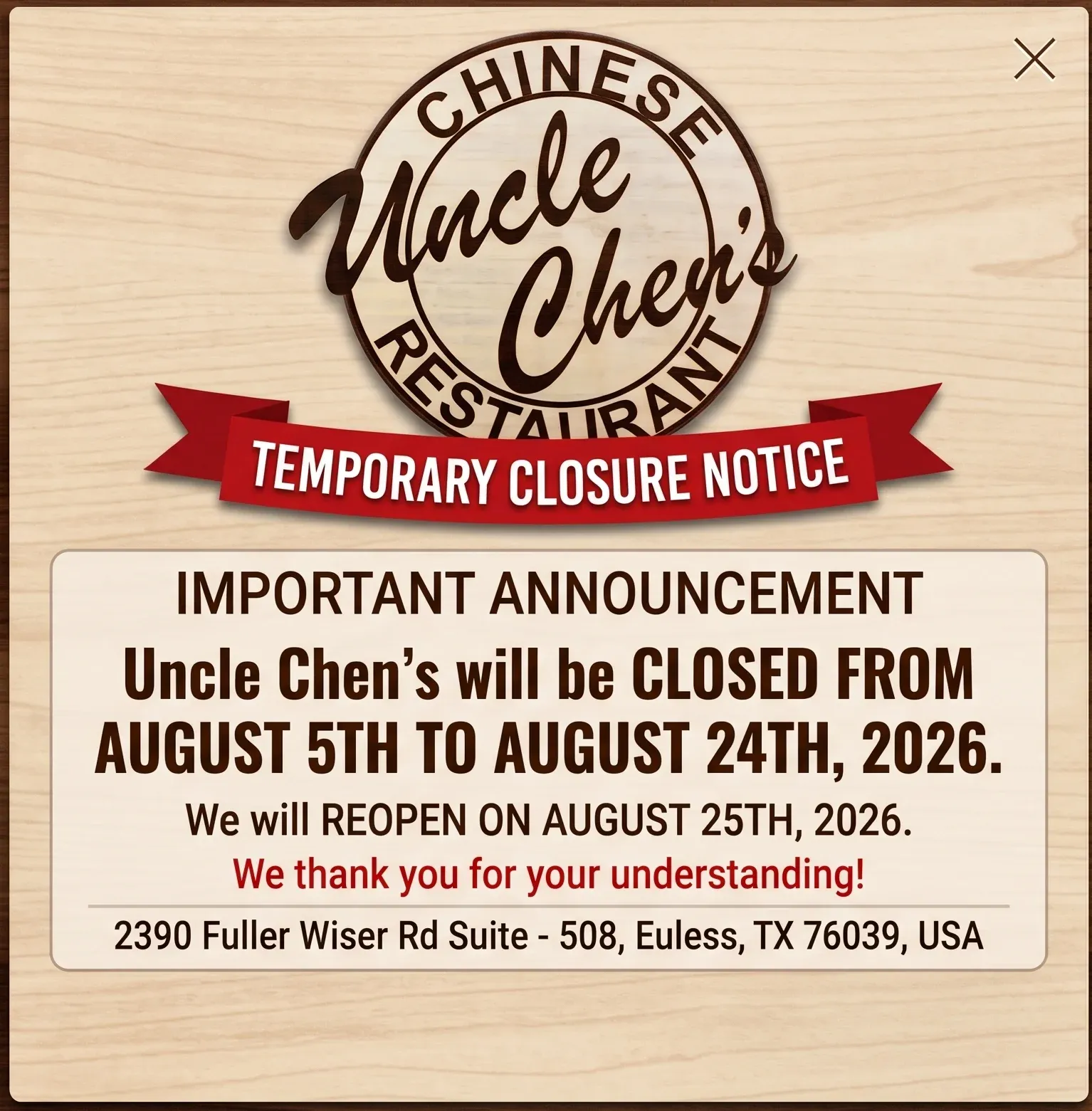 Special promotion for authentic Chinese from Uncle Chens Chinese Restaurant.