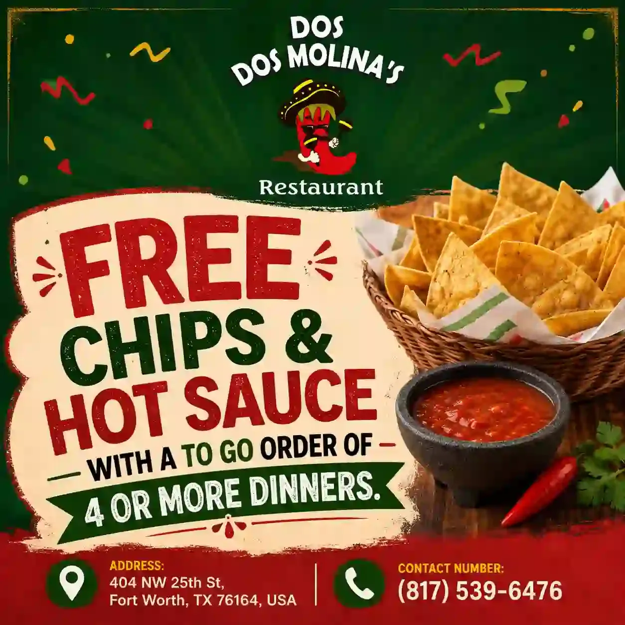 Special promotion for authentic Breakfast,Mexican,Tex-Mex from Dos Molina's Mexican Restaurant.