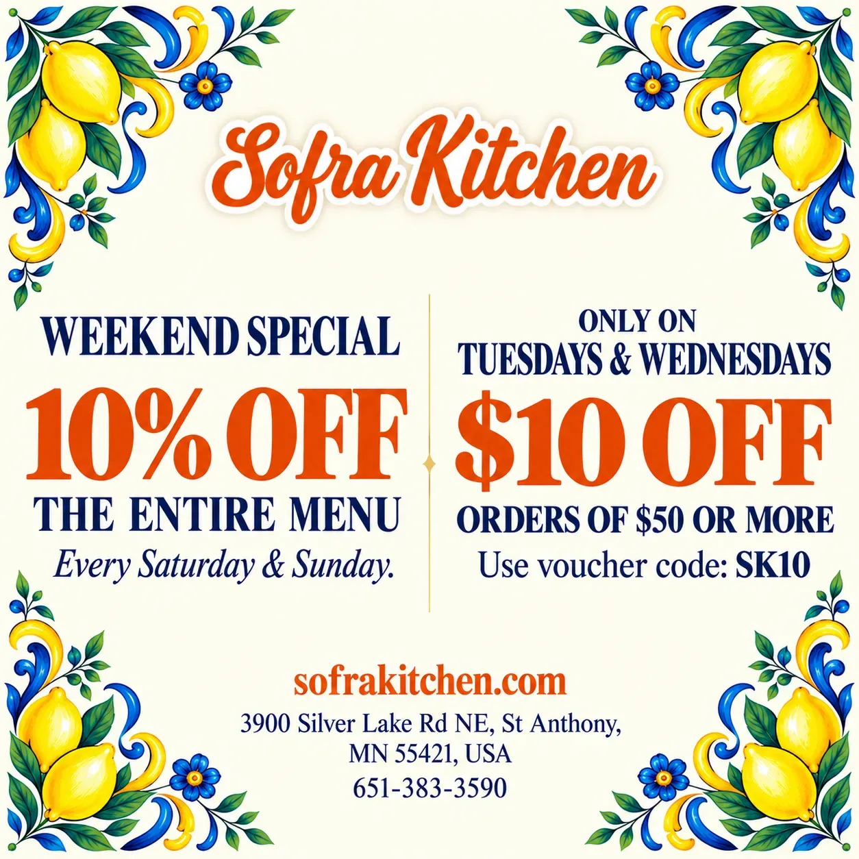 Special promotion for authentic Mediterranean from Sofra Kitchen.